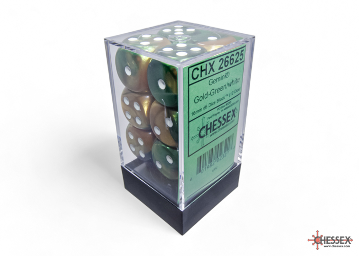 Gemini Gold-Green/white 16mm d6 Dice Block (12 dice) - CHX26625